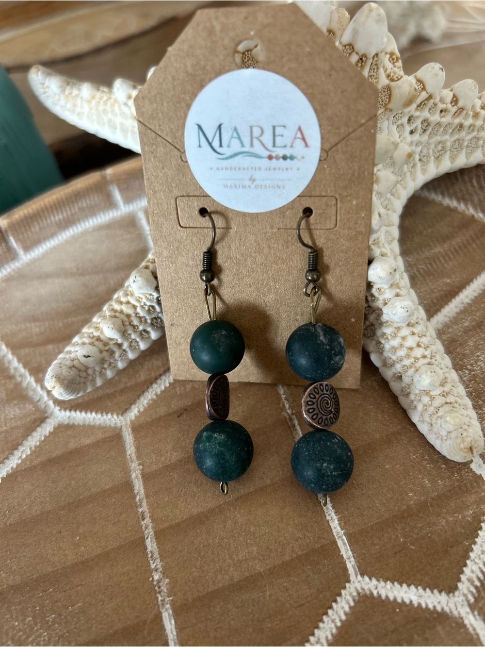 NEW MAREA Handmade Dark Green Boho Beaded Dangle Earrings